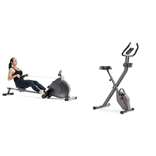 Sunny Health & Fitness Magnetic Rowing Machine with Exclusive SunnyFit App + Sunny Health & Fitness Foldable Magnetic Exercise X-Bike Pro