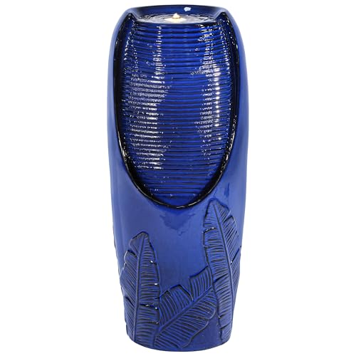 Autodaya 33" Tall Outdoor Garden Fountain with LED Lights, Modern Ceramic Jar Water Fountain, 3D Tropical Leaf Pattern, Cobalt Blue Glaze, Soothing Cascading Waterfall for Relaxing Patio, Yard, Porch