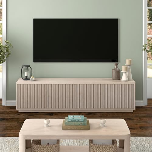 Henn&Hart Fluted TV Stand for TVs up to 85" with 2 Concealed Ribbed Storage Cabinets and Adjustable Shelves for Living Room, Family Room, or Office, Beech White