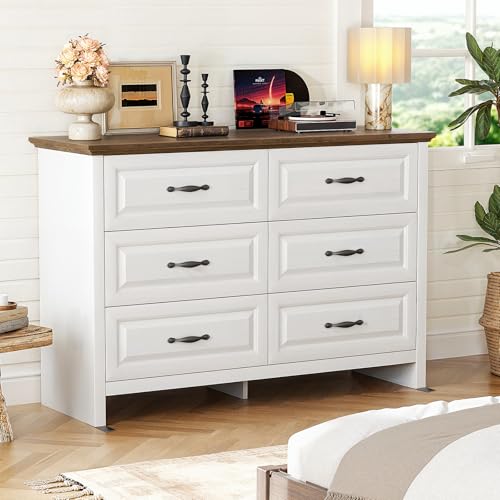 Marsail Farmhouse 6 Drawer Dresser, Wood Chest of Drawers with Natural Texture, Smooth Gliding Drawers, Versatile Storage Organizer Cabinet for Bedroom & Living Room, White and Brown