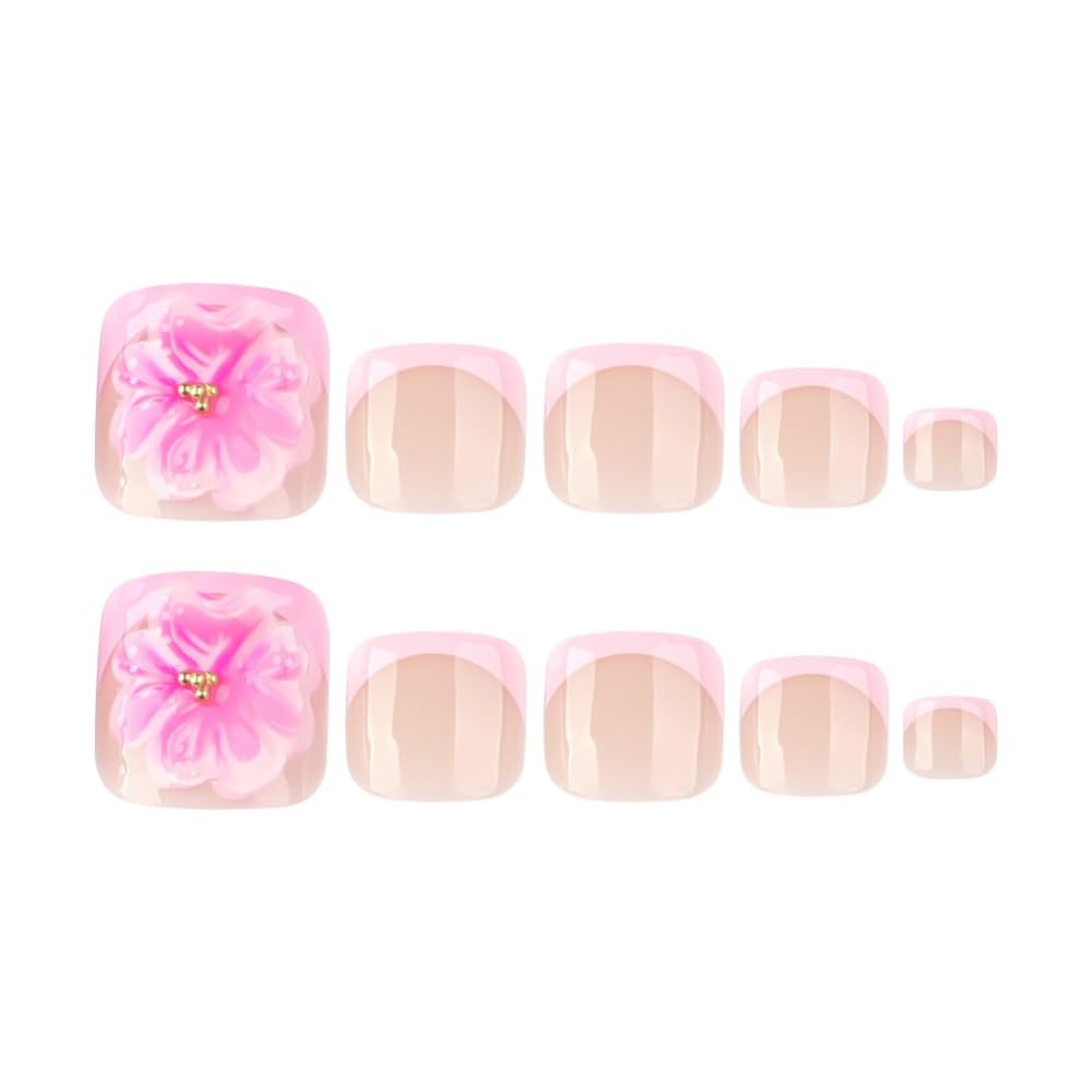 Press on Toenails Flower Fake Toenails Pink False Toe nails Press ons with Design 3D Floral Glue on Toe Nail Acrylic Stick on Toenail for Women 24Pcs
