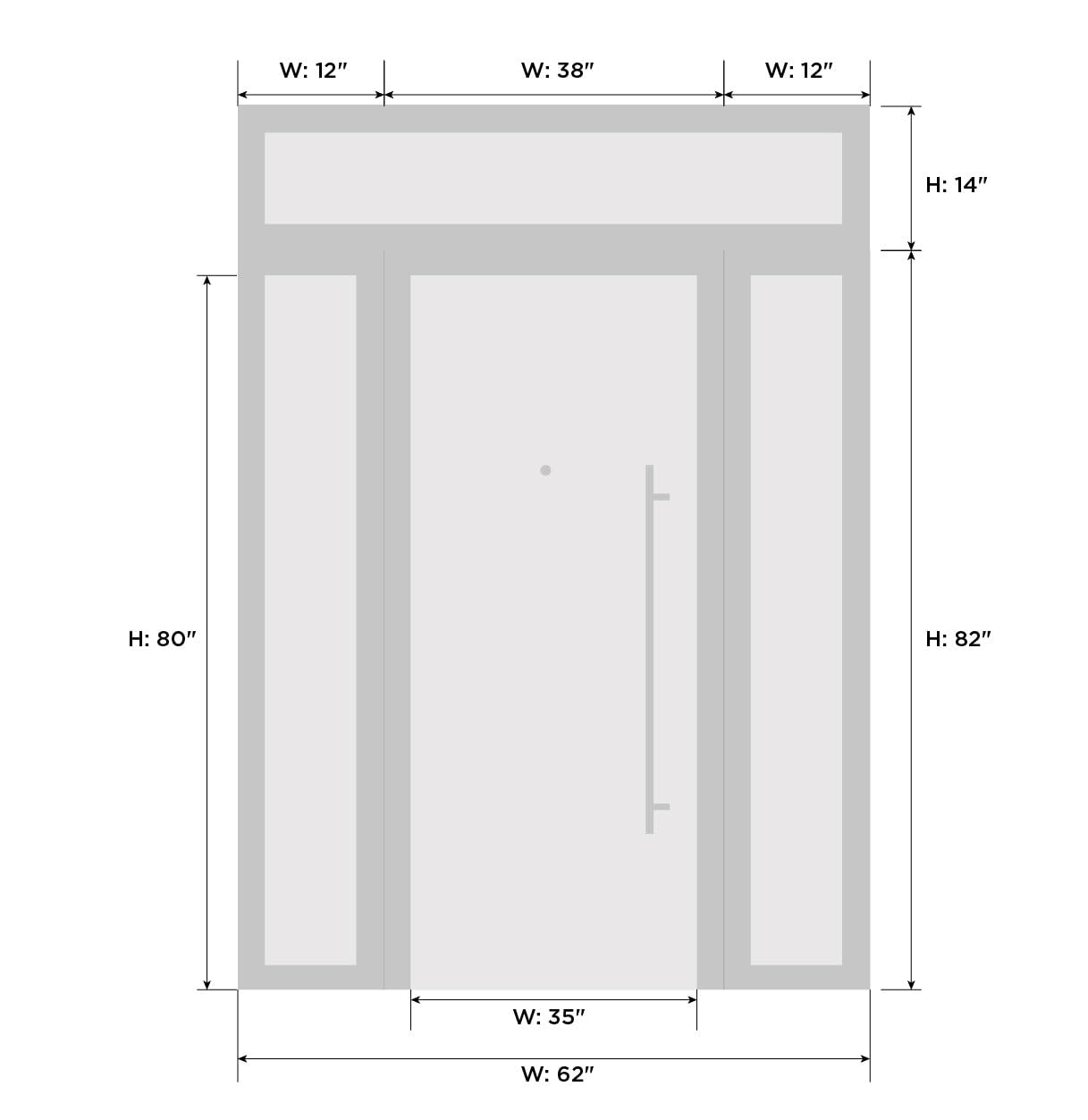 VDOMDOORS Front Exterior Prehung Metal-Plastic Door Frosted Glass | Manux 8112 Antracite Grey | 2 Side, Top Sidelite Transom | Doors Entrance Patio Garage 60 x 94 (W12+36+12 x H80+14) Left-Inswing
