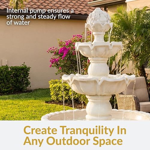 Sunnydaze 52-Inch 3-Tier Outdoor Water Fountain with Fruit Top - Large Outdoor Water Feature for Garden, Patio, Yard or Balcony - White