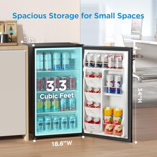 Midea MERM33S1ABB Mini Fridge, 3.3 Cu.ft Compact Fridge with Internal Light, Adjustable Thermostat, Reversible Door, Low Noise for Dorm, Office, Bedroom Black