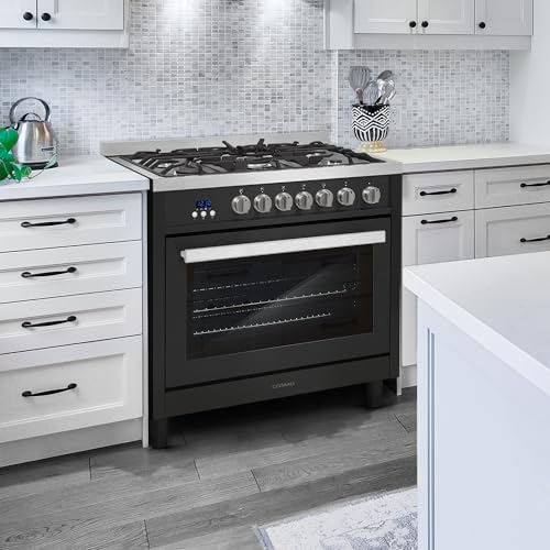 COSMO COS-965AGFC-BKS 36 in. Nebula Collection 3.8 cu. ft. Gas Range, 5 Burners, Rapid Convection Oven, Cast Iron Grates in Matte Black