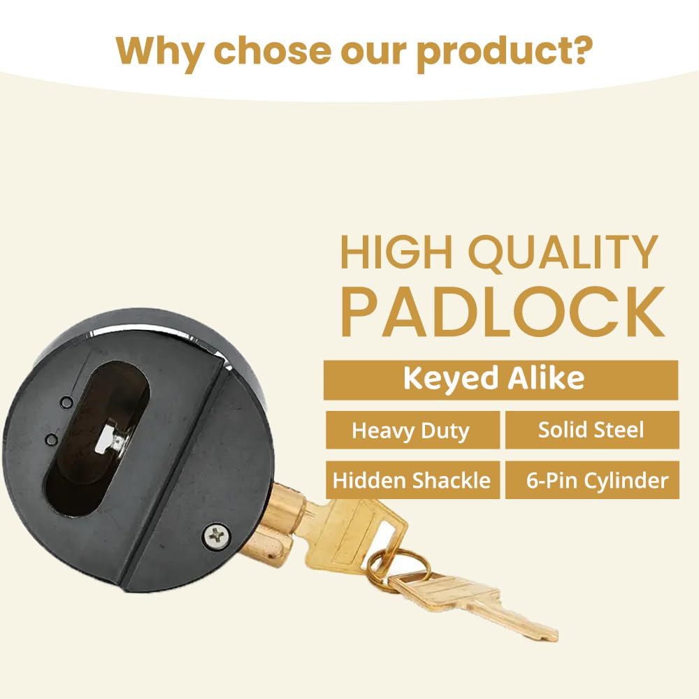 2 Pack Hidden Shackle Padlock Keyed Alike Heavy Duty Trailer Puck Padlocks Anti Theft 2-7/8" Solid Steel Puck Lock for Trailers Trucks Vans Shed Gates Garage