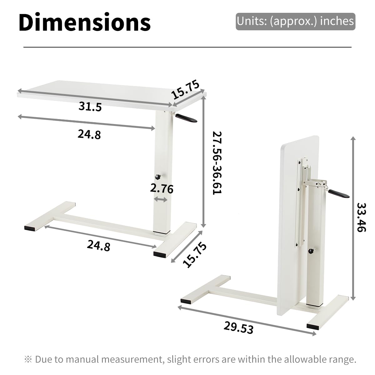 lumizone Foldable Overbed Table with Wheels Adjustable Height Bedside Desk 27.56"-36.61" Rolling Hospital Bed Table with Casters Medical Tray for Home Use Desk Over The Bed