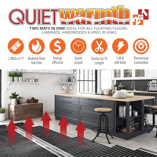 QuietWarmth Float 2-in-1 Kit QWF3X166F240VAL Radiant Floor Heating Mat w/Smart Home Thermostat for Laminate, Wood, Luxury Vinyl Floating Flooring- Cuttable Mat Size 3’x16.7' 240Volt (Covers 50sf)