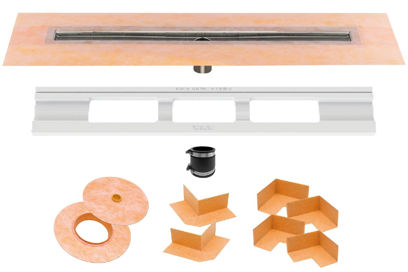 Schluter Kerdi Line Shower Drain with 64" Stainless Steel Channel Body Offset and Waterproof Kerdi Collar - Ideal for Showers & Wet Rooms - Center Outlet Position KL1V60E160