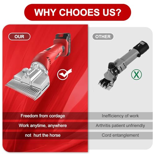 Vkdemer Cordless Horse Clippers,500W Heavy Duty Horse Grooming Clippers with 2 PCS Rechargeable 3000mAH Lithium Battery,6 Speed Professional Horse Grooming Kit for Thick Coat Animals