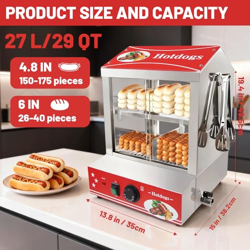 Sovtekr 27L/29 QT Hot Dog Steamer with Bun Warmer - Electric Steaming Machine 2-Tier Capacity for 175 Hot Dogs & 40 Buns, Visible Glass Slide Doors for Commercial Home Use