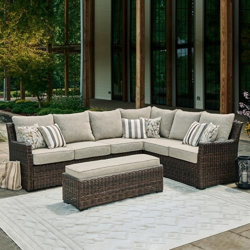 Signature Design by Ashley Brook Ranch Casual Nuvella Weather Resistant Fabric Right Hand Facing Outdoor Sofa Sectional/Bench with Cushion and 6 Throw Pillows, Set of 3, Beige & Dark Brown