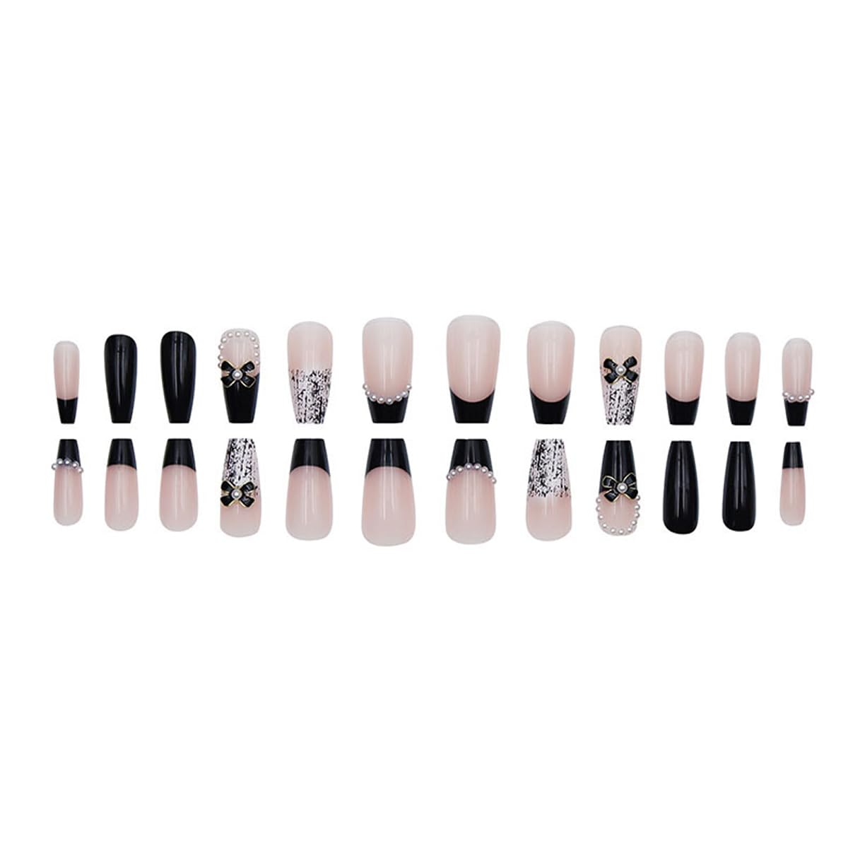 YKZFUI 24Pcs Press on Nails Medium Length Fake Nails with Black Bow Pearl Designs,Artificial Acrylic Full Cover Reusable Coffin False Nails, Women Glue on Nails Set,Stick on Nails for Nail Art