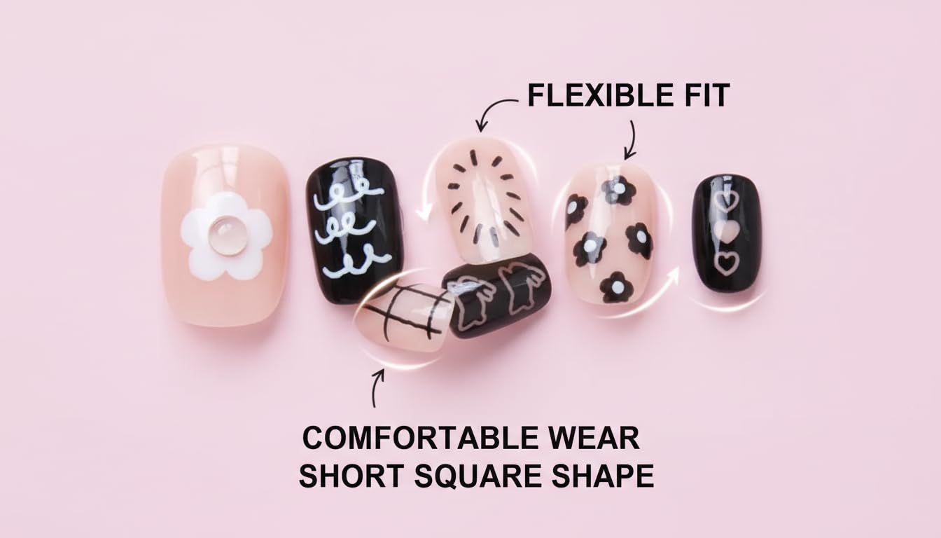 Cute Korean Press On Nails Set – Short Square Glossy Fake Nails with Teddy Bear & Ribbon Heart Designs, Reusable Stick-On Nails with Adhesive Tabs, DIY Manicure Kit (32 Tips / 2 Designs)
