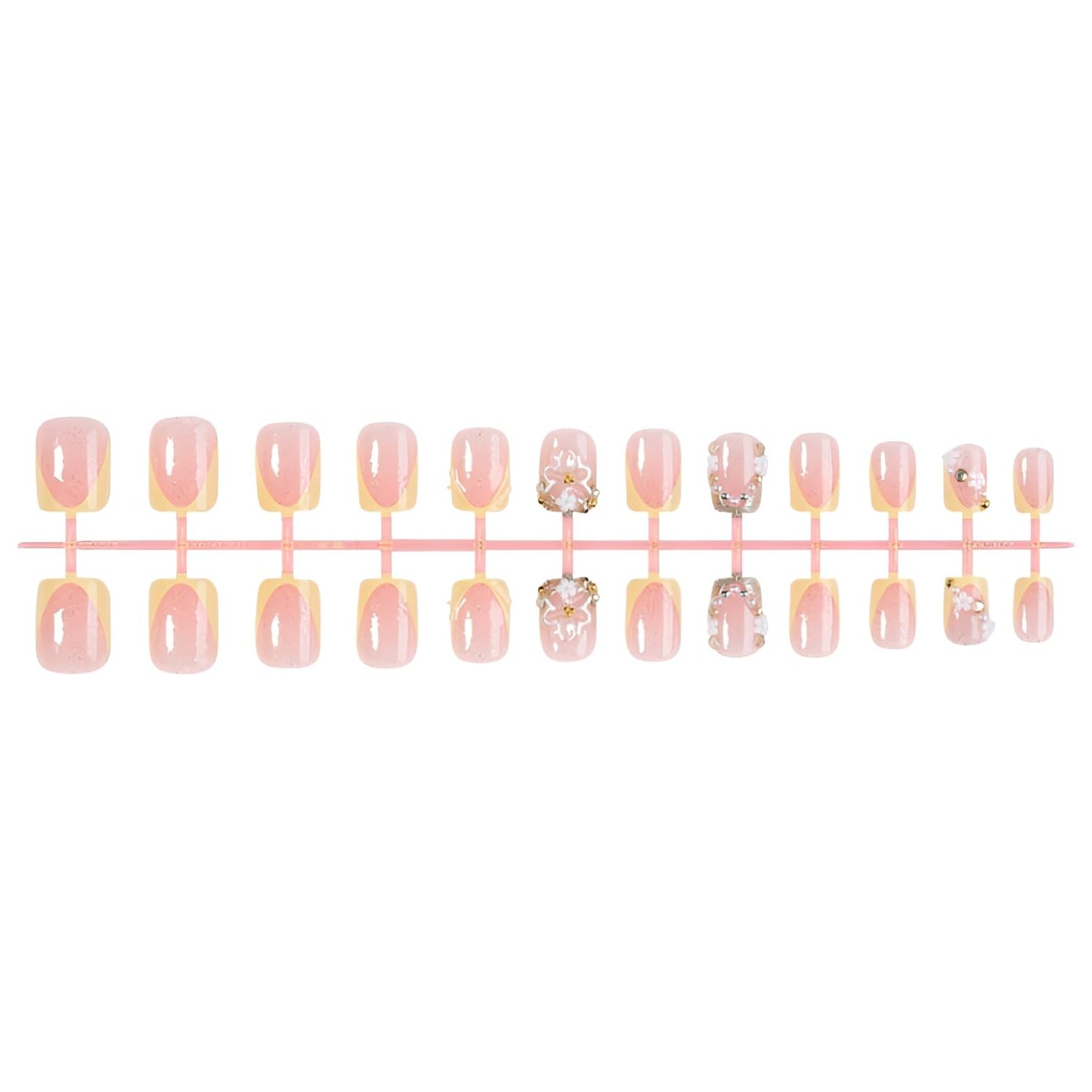 French Tip Press on Nails Short Square Fake Nails 3D Flower Nails Press Ons with Rhinestones Design Yellower French Tip False Nails Glossy Glue on Nail Spring Stick on Nail for Women 24Pcs