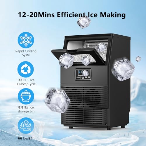 Electactic Commercial Ice Maker Machine, 66Lbs/24H with 8Lbs Storage Capacity, 32 Ice Cubes in 12-20 Mins, Self-Cleaning, Freestanding for Compact Cafe/Bar