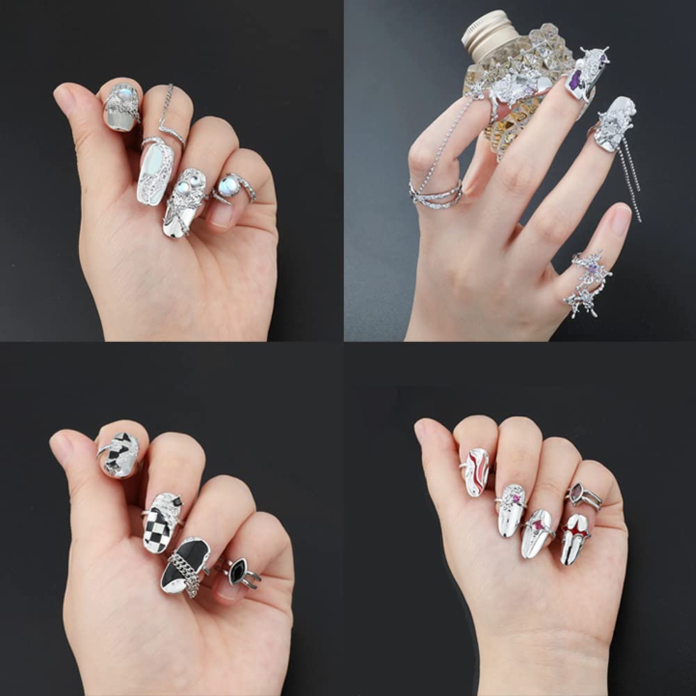 5Pcs Finger Tip Nail Rings for Women, Adjustable Opening Nail Art Charms Accessories, Finger Tip Ring Claw Rings Nail, Irregular Fingertip Nail Armor Ring Punk Jewelry Set (Green)