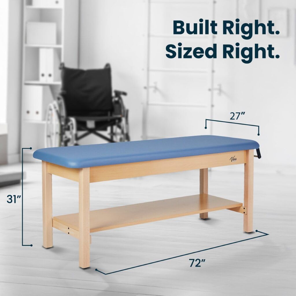 Vivacomfort Aristo H-Brace Wooden Flat Treatment Table with Shelf, 500 lbs Weight Capacity, Blue