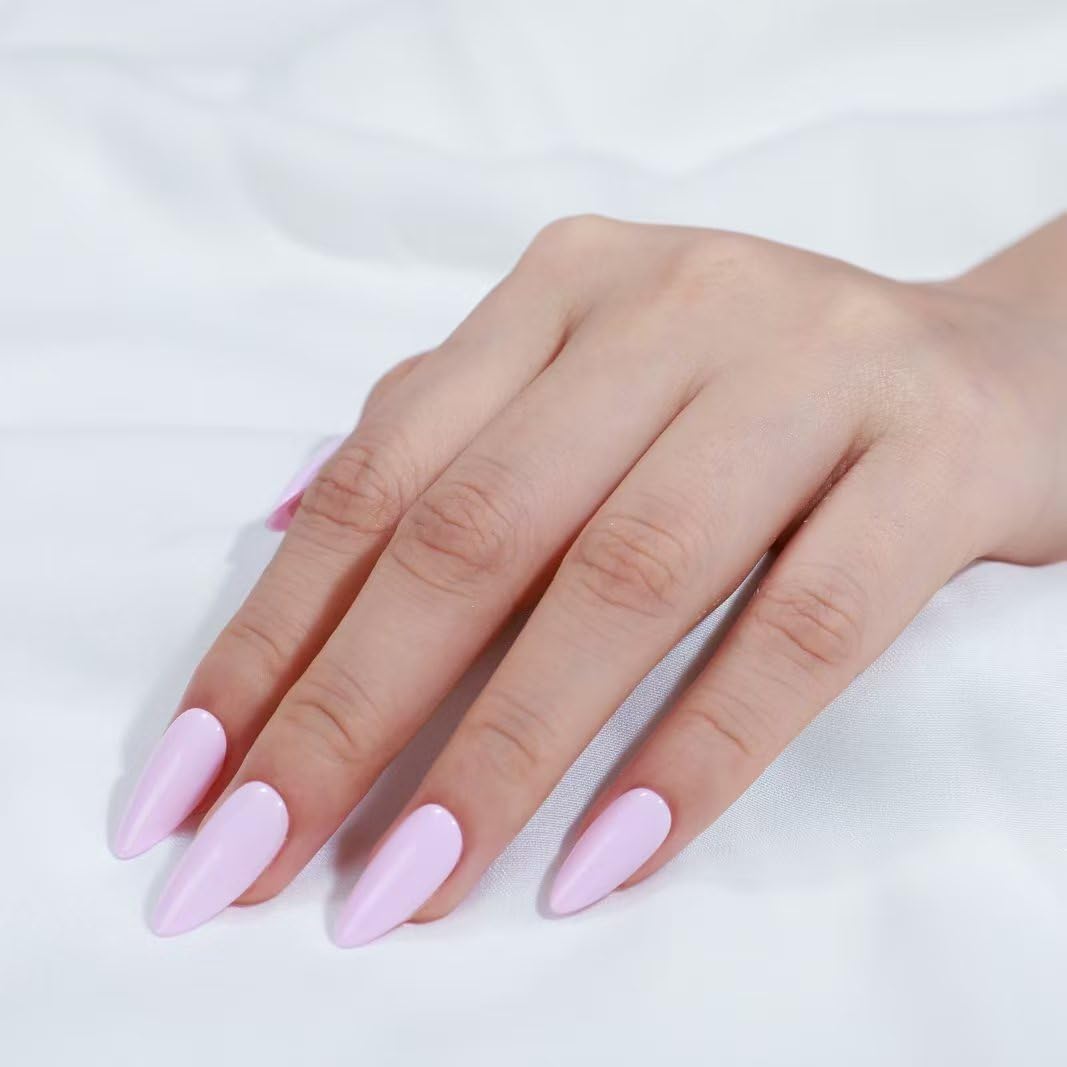 Rnker Press On Nails - Transparent Color, Almond Pink Top gel Nails with Bright Finish, 15 Sizes - 30 Nail Kit with Glue