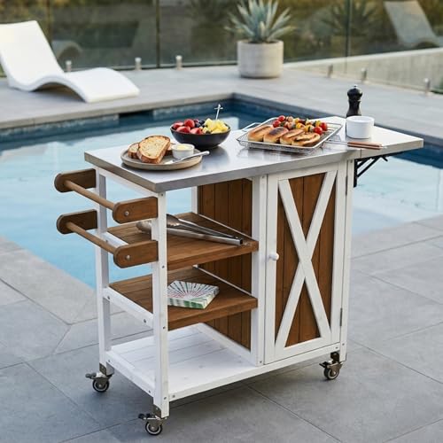 Casaphoria Outdoor Grill Cart with Folding Stainless Steel Tabletop,40" x 15" Rolling BBQ Prep Station & Kitchen Island, Wood Garden Table with Storage Cabinet and Towel Rack,White