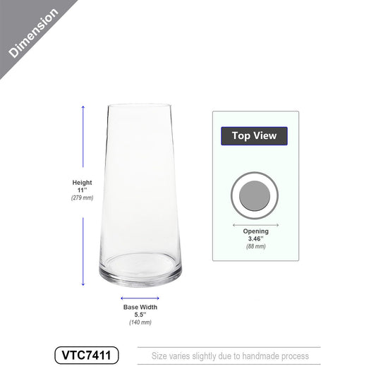 WGV Tapered Glass Vase, Width 5.5", Height 11", (Multiple Sizes Choices) Clear Taper Up Cylinder Floral Planter Bouquet Centerpiece for Wedding Event Home Decor, 1 Piece (VTC7411)