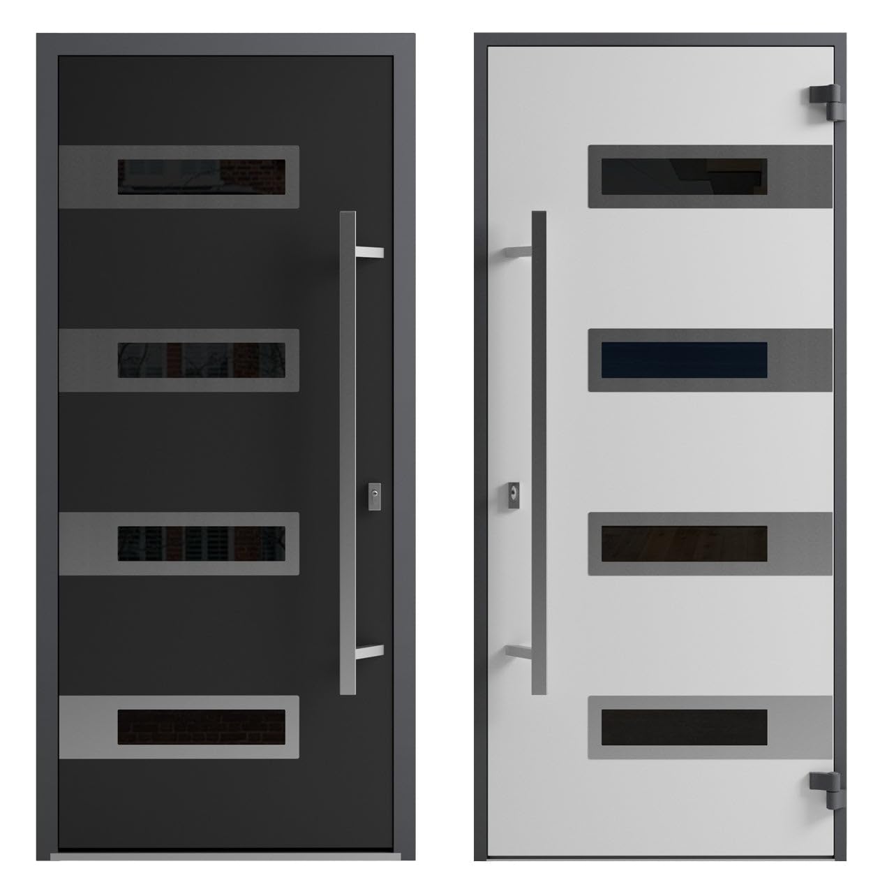 Front Exterior Prehung Steel Door/Ronex 0131 Black Enamel/Side and Top Exterior Window Sidelite/Stainless Inserts Entry Metal Modern Painted W36+12" x H80+16" Right Hand Inswing