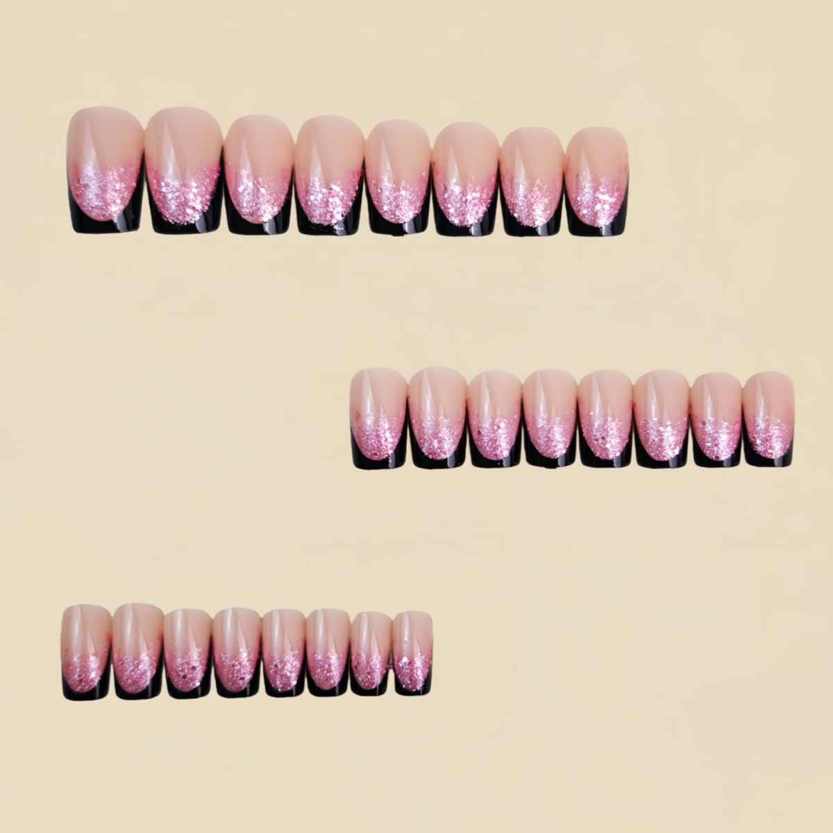 Black French Tip Press on Nails Medium Square Fake Nails with Pink Glitter Ombre French Tip Design Black Tips Glue on False Nail Pink Glitter Artificial Stick on Nail for Women 24Pcs