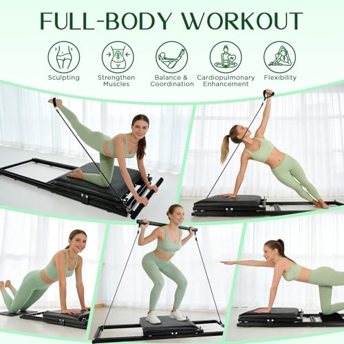 Pilates Board, Foldable Pilates Reformer Set, Multi-Purpose Iron Extended Pilate Equipment, 7-in-1 Pilate Machines for Home Use, with Pilates Bar, Resistance Bands