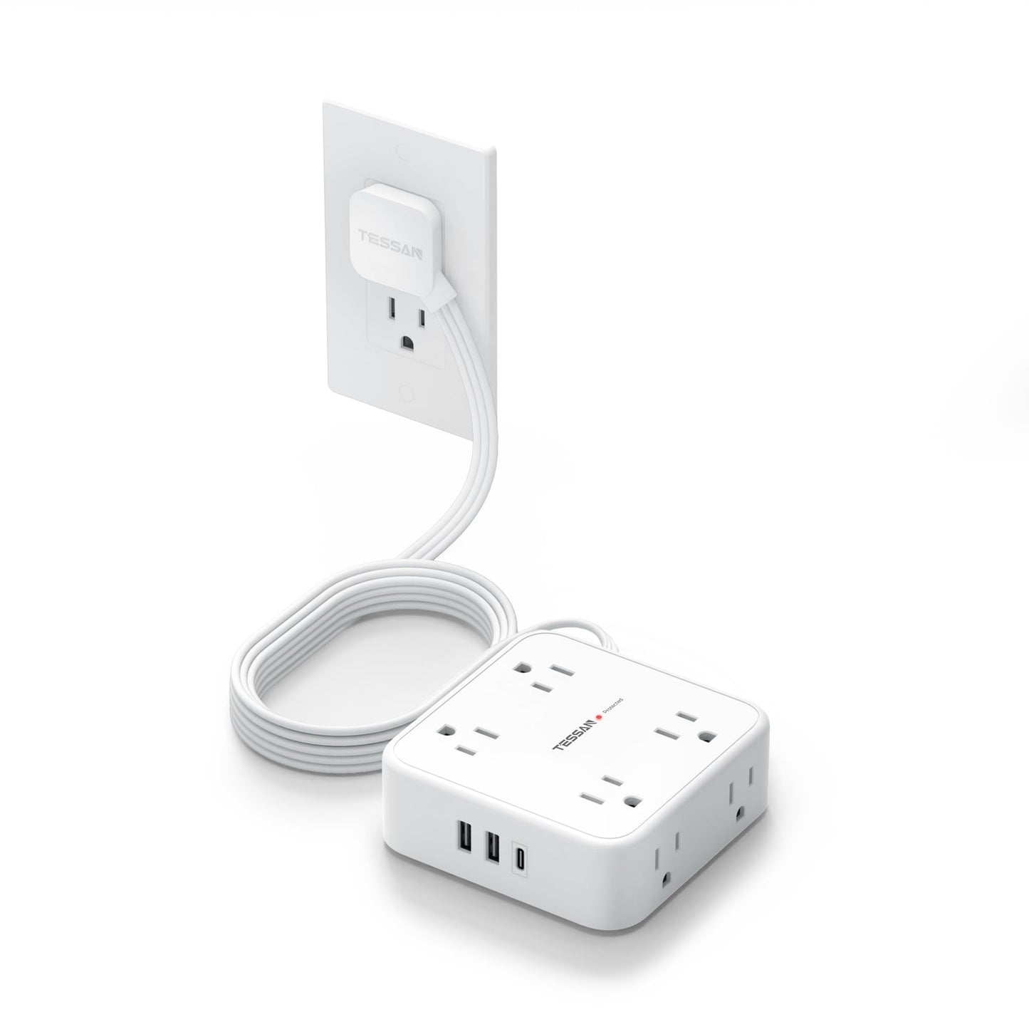Surge Protector Flat Extension Cord Flat Plug Power Strip, 8 AC Outlets, 3 USB Charger(1 USB C Port) 3-Sided Outlet Extender, 5 Ft, 900 Joules Protection, Office Supplies, Dorm Room Essentials, Grey