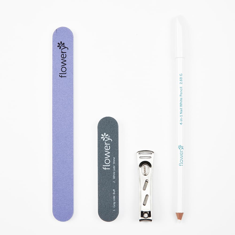 Flowery Natural French Manicure Kit – with Nail Clipper, File, Buff & Shine Block, White Pencil – DIY Home Nail Care Kit for Women and Men