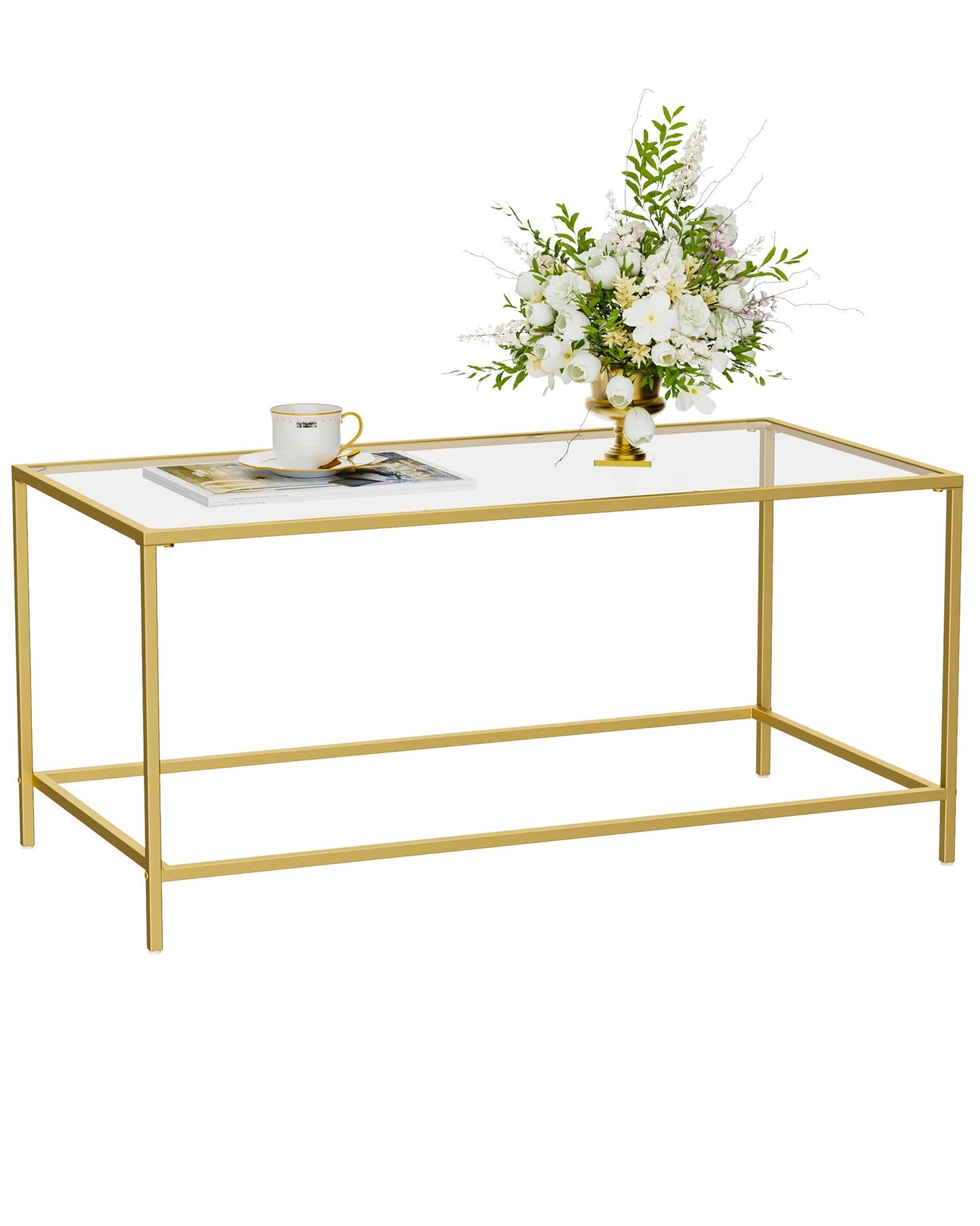 Homleke Glass Coffee Table, Modern Rectangular Coffee Table for Living Room, Minimalist Center Tea Table with Sturdy Metal Frame for Apartment, Office, Easy Assembly, 39.4 x 19.7 x 17.7 Inches, Golden