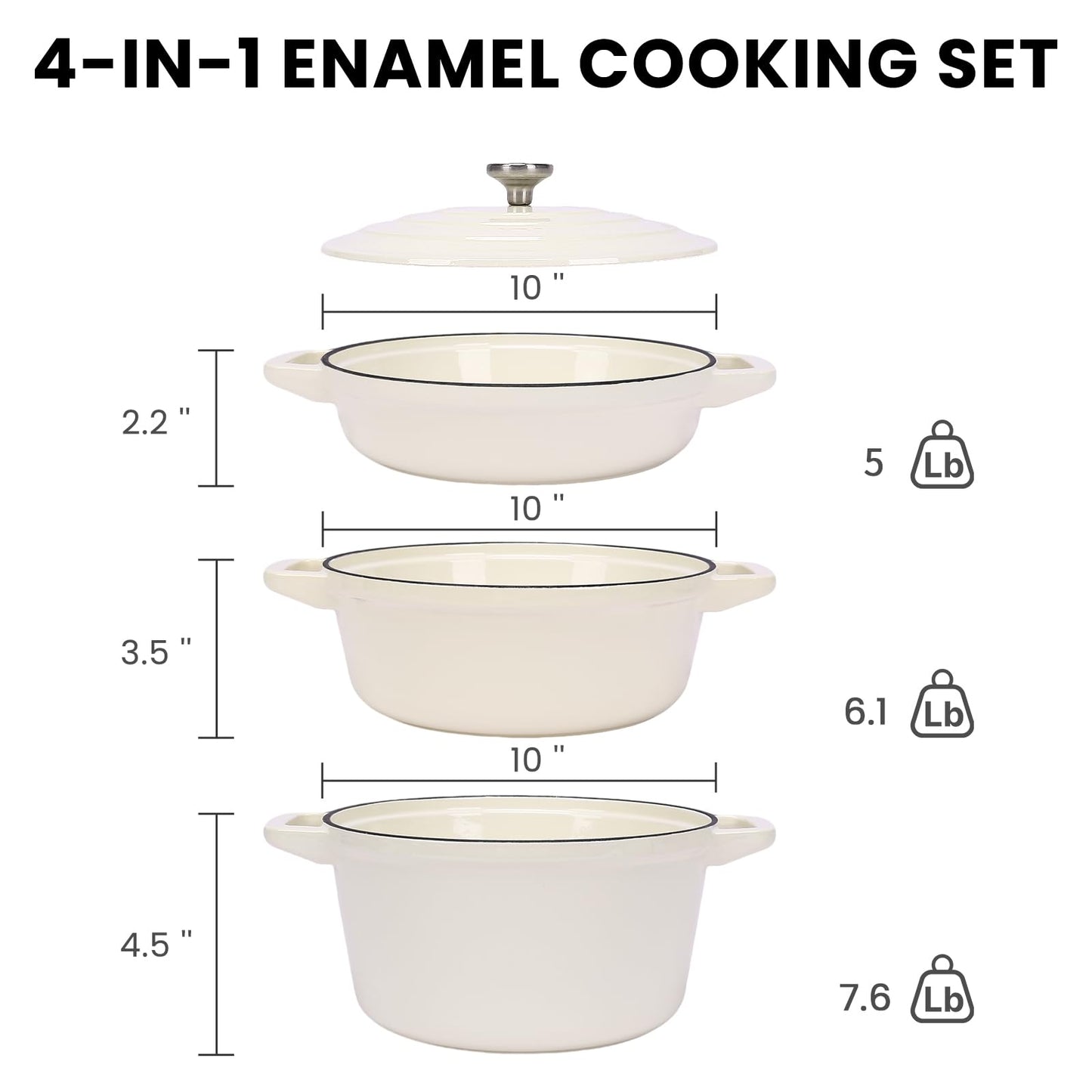 Hisencn Stackable Enamel Cookware Set, 5-Piece – 5.2QT Pot with Lid, 10-in Skillet, 4QT Frying Pan with Universal Glass Lid, Space-Saving Design, Oven and Stovetop Safe (Up to 500°F), Cream White