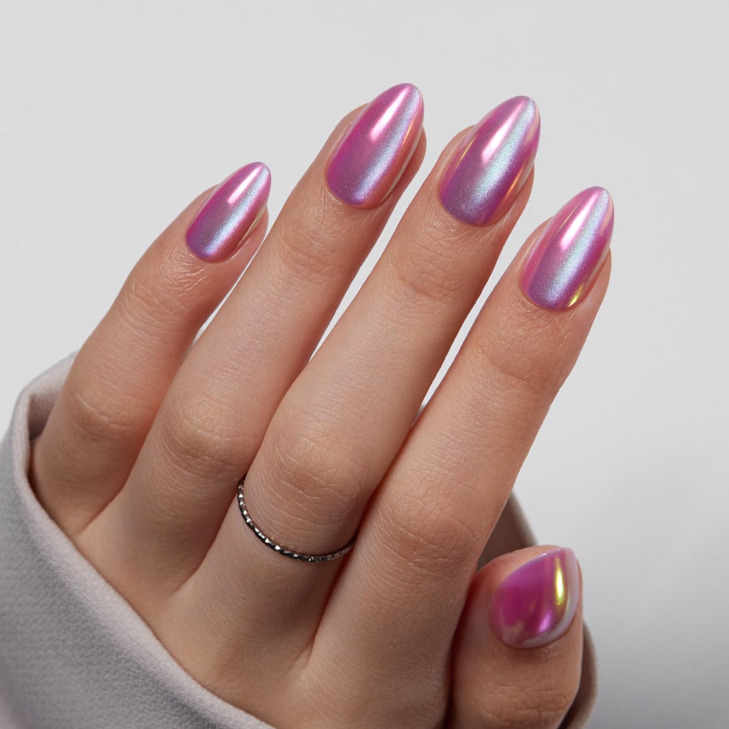 VSALON Press on Nails Short Almond - Pink Cat Eye Chrome Fake Nails Kit for Women, Spring Reusable Aurora Effect Opaque Holographic Summer Glue on Nails - 32 PCS Stick On Nails in 16 Sizes