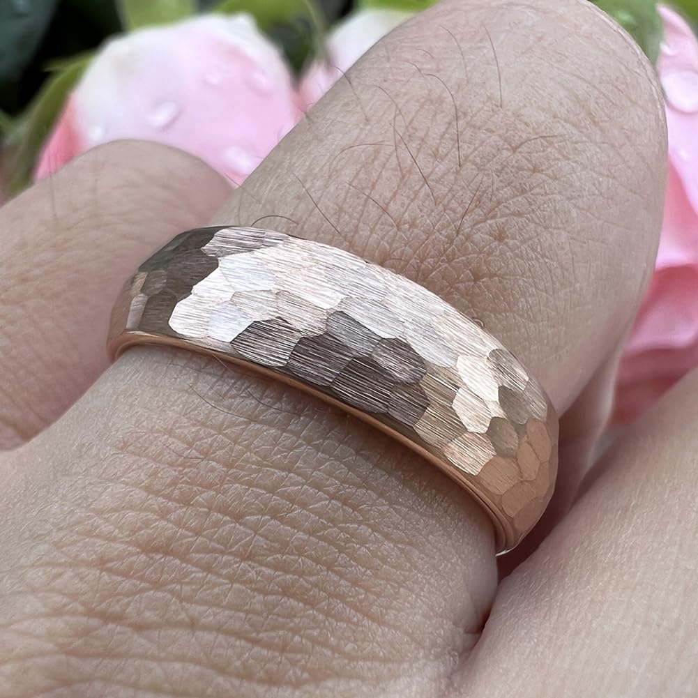 TUTISS 6mm Rose Gold Hammered Tungsten Rings for Men Women Engagement Wedding Bands Domed Matte Finish Comfort Fit Size 8