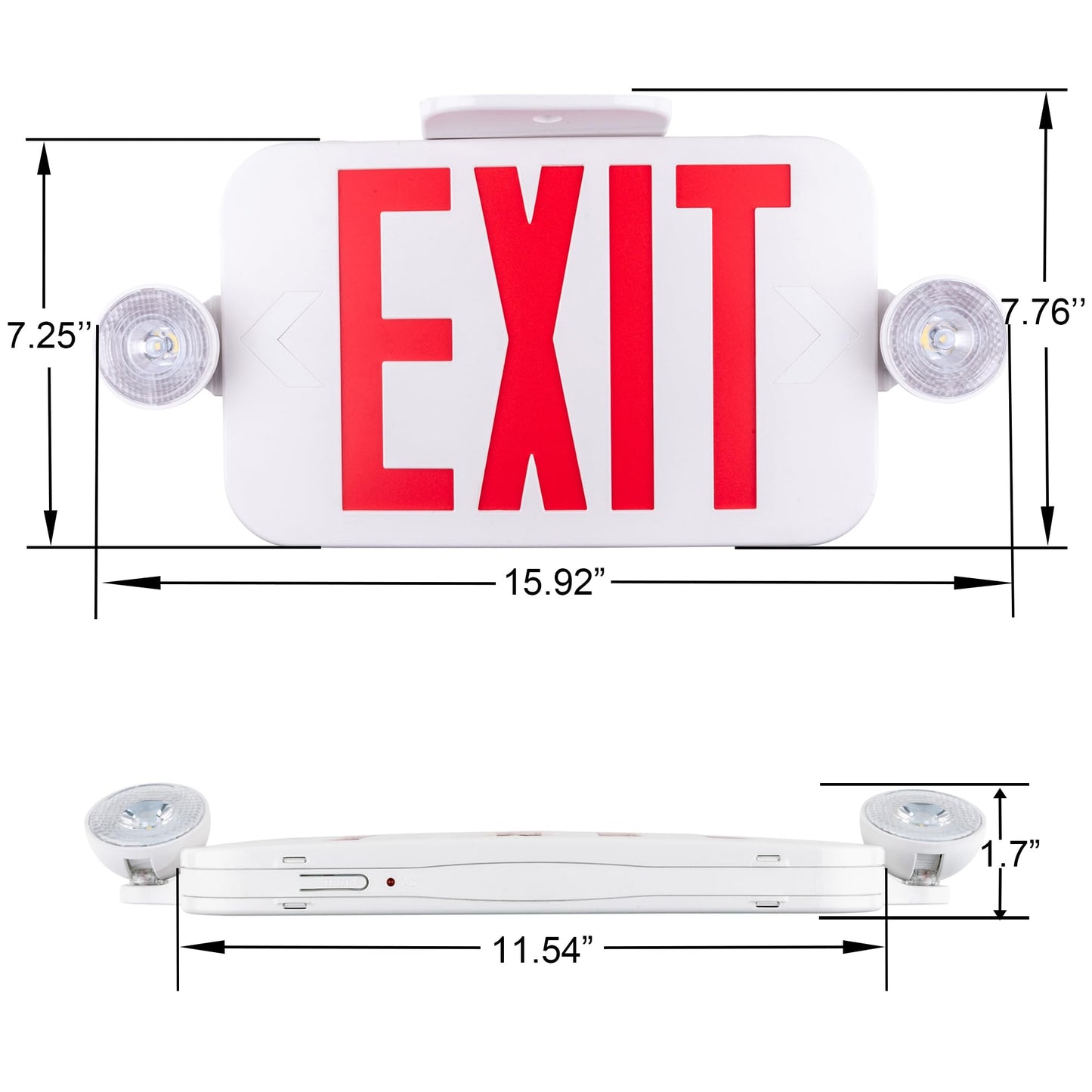 LIT-PaTH LED Combo EXIT Sign with 2 Adjustable Head Lights and Doube Face, Back Up Batteries- US Standard Red Letter Emergency Exit Lighting, UL 924 and CEC Qualified, 120-277 Voltage, 1-Pack