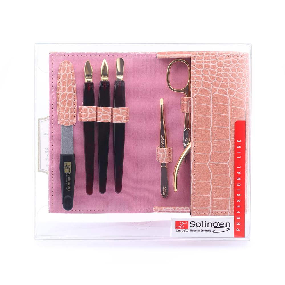 Tarko Solingen Professional Nail Kit Manicure Set, 7 Pcs Nail Care Kit with Luxury Leather Carry Case - Professional Finger Nail Care for DIY & Manicure Saloon (Pink)