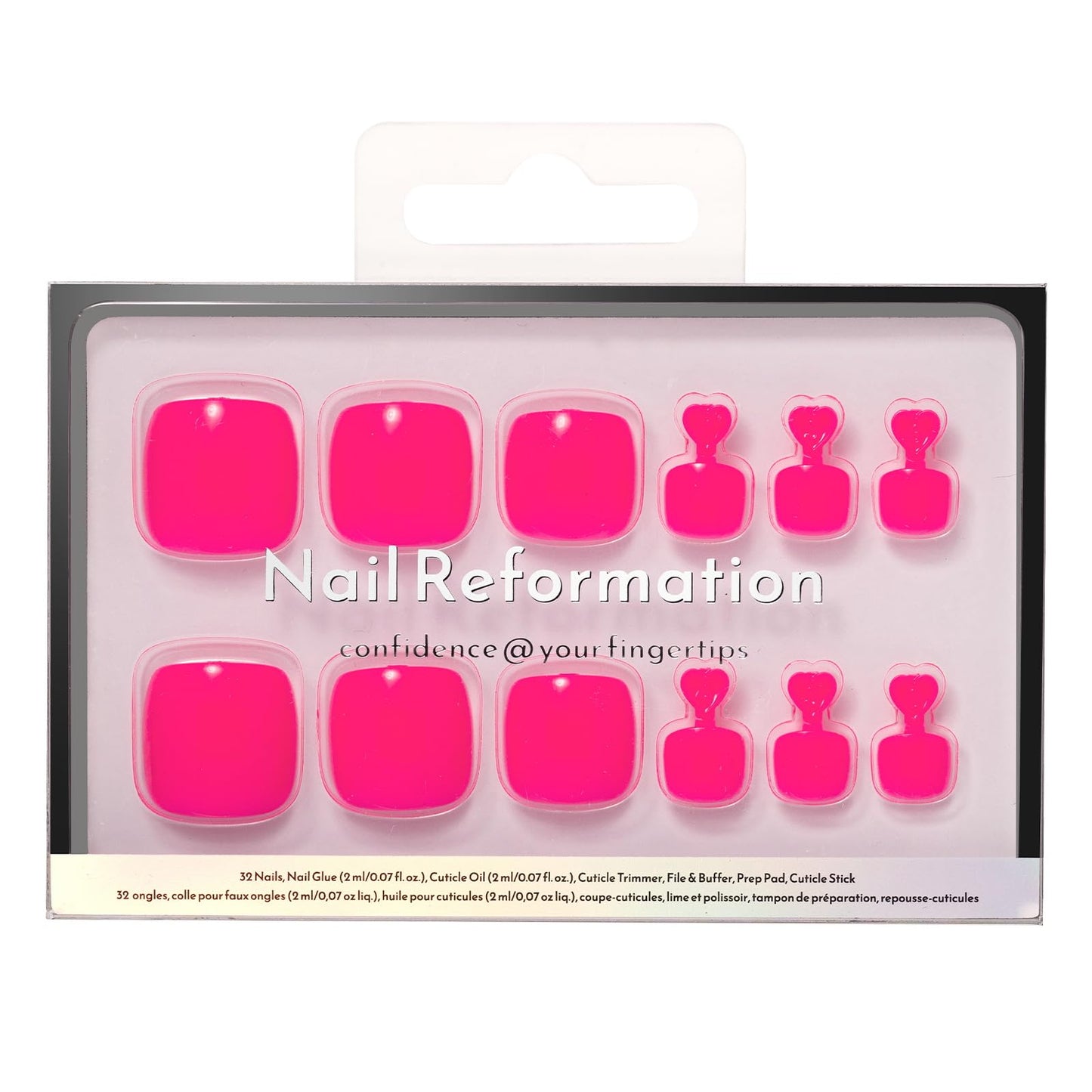 Nail Reformation Press On Toenails, Hot Pink | Vibrant Neon Pink Short Square Fake Toe Nails with Glossy Finish, Reusable Toe Nail Kit for Summer Beach & Vacation - 32 Pcs / 16 Sizes, Gifts for Women