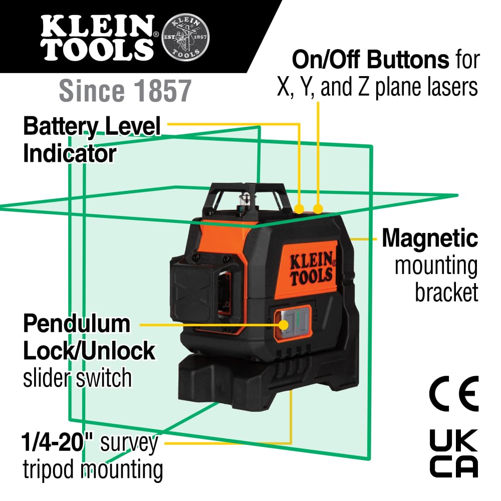 Klein Tools 93CPLG Compact Self-Leveling Laser Level, Bright Green Cross Line 360-Degree Laser Planes, Class 2 ≤ 1mW, Rechargeable, Magnetic Mount