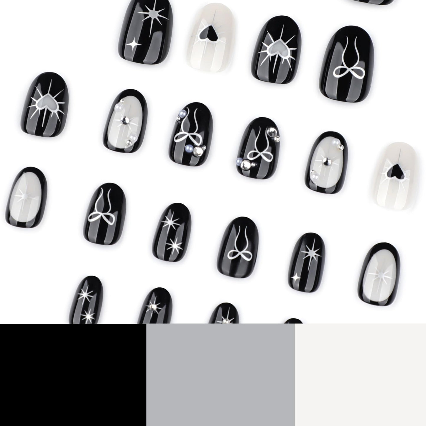 octoswave Press on Nails Short Almond Fake Nails Black Artificial Nail Bow and Pearl Charm Stick on Nail for Women 24pcs