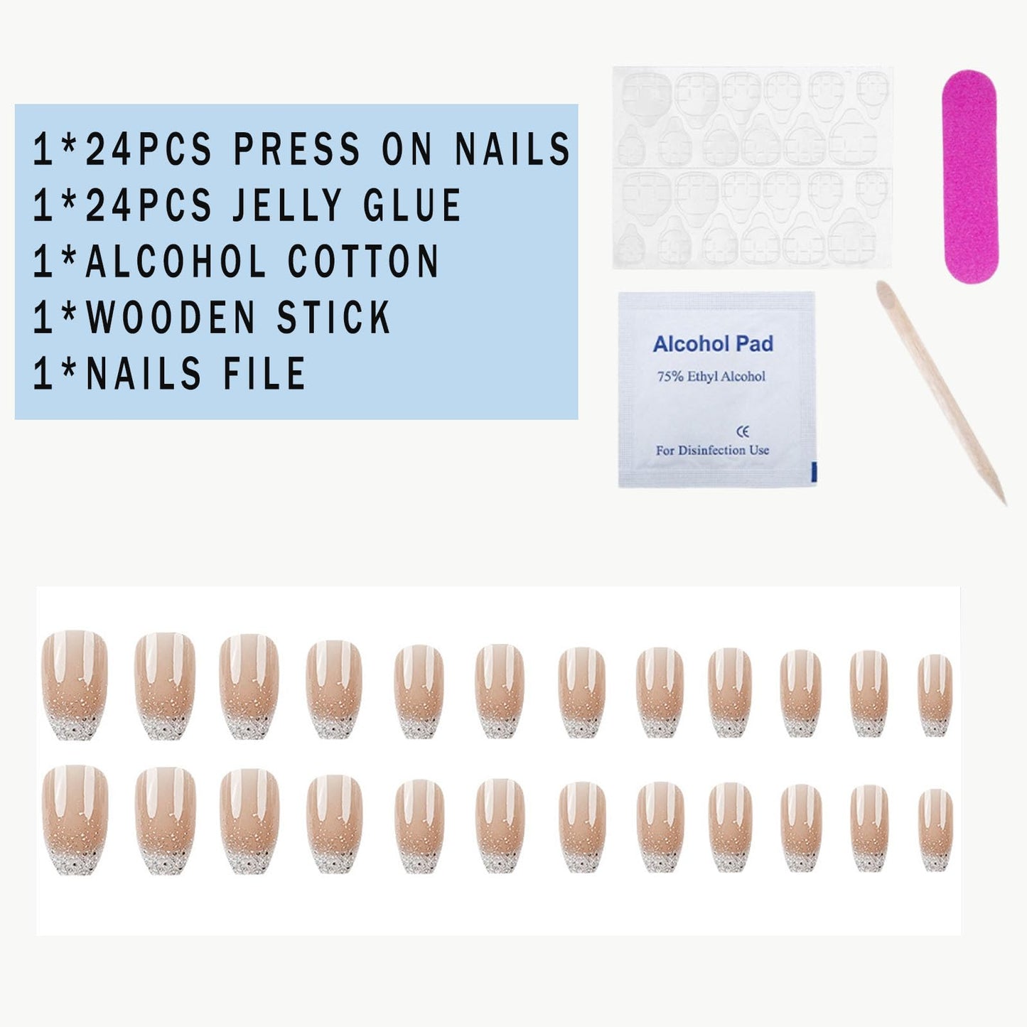 Short Press on Nails Coffin Nails Press ons Glitter French Tip Fake Nails Nude Acrylic Nails Glossy Glue on Nails Daily Wear Simple False Nails Summer Stick on Nails for Women 24Pcs