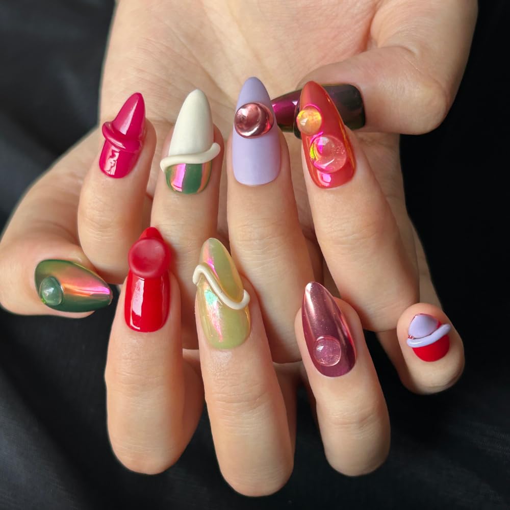 MAGLFELL Handmade Nails Press On Nails Almond Art False Nails Women's Nails Kit (Size M)