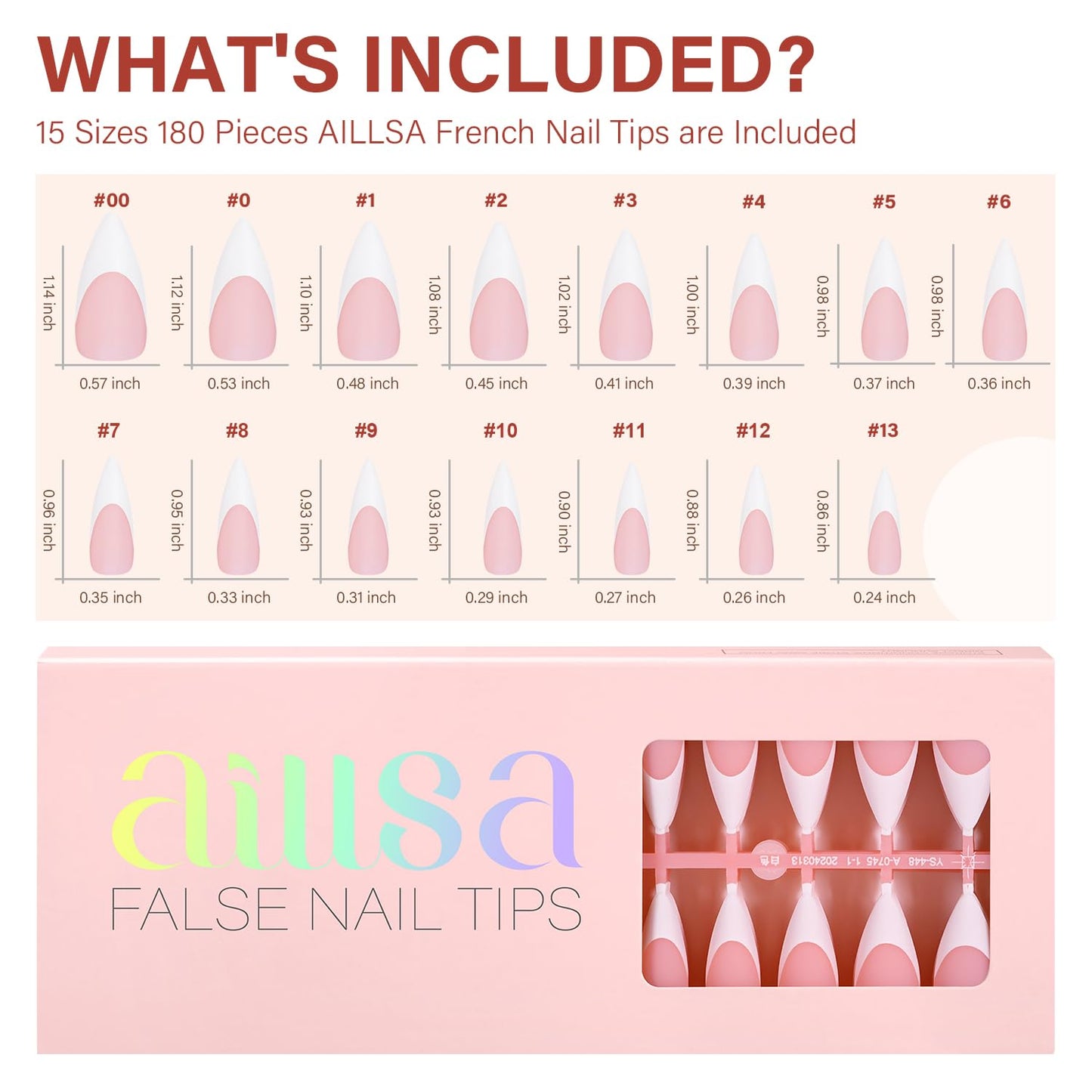 AILLSA French Gel Nail Tips, 180 Pcs French Tip Press On Nails Long Almond Pink, Pre-Applied Primer & Base Coat, No Need File, Soft Long Stiletto Nail Tips, Fake Nails for Women Gift 15 Sizes