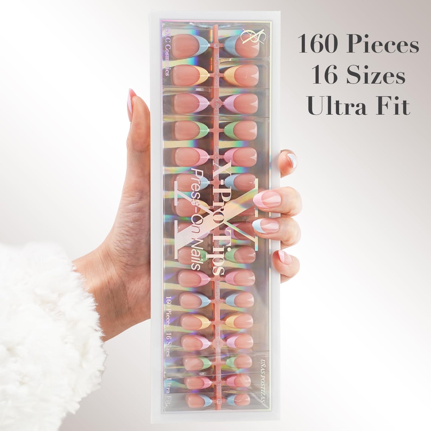 SXC Cosmetics Press On Nails - 011 Pastel Party | X5 Signature Series - Short Almond X-Pro Tips Fake Nails, Salon Quality Nails 16 Sizes - 160 pieces Nail Kit with Glue