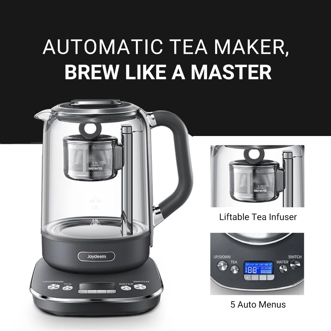 Joydeem Hot Tea Maker, Glass Electric Kettle with Auto Lift Tea Infuser and Temperature Control, 1.7L, JD-ZC6088G