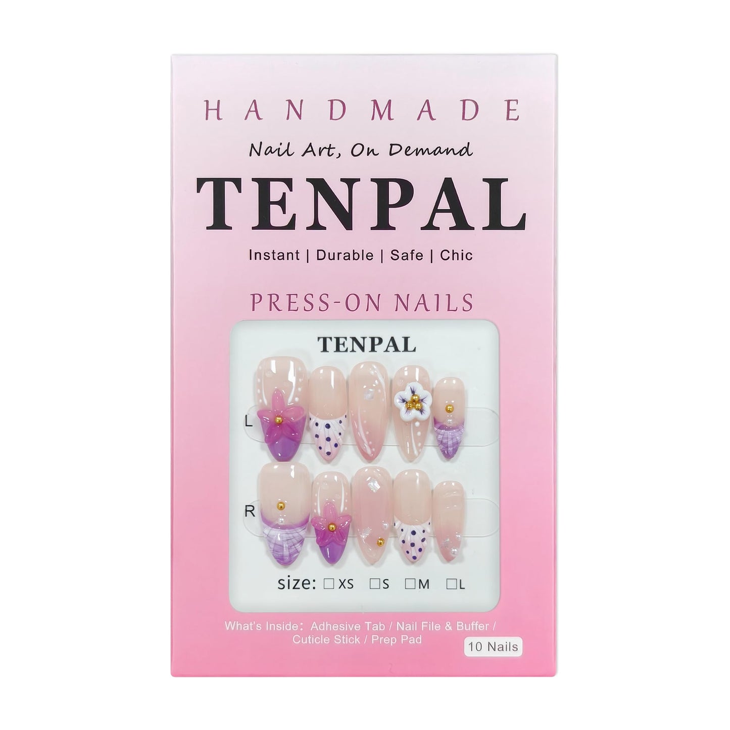 TENPAL Handmade Soft Lilac French Tips Press on Nails Medium Almond with 3D Glitter Floral & Pearl, Handmade & Reusable, Sheer Flattering False Nails for Everyday Summer Wear 10PCS(M)