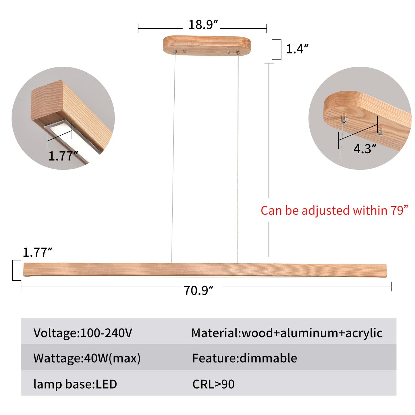 71" Wooden Linear Pendant Light LED Pendant Lights Dimmable Pool Table Island Lights Modern Linear Chandeliers for Dining Room Kitchen Ceiling Pendant Lamp for Kitchen Island Billiard Room Natural