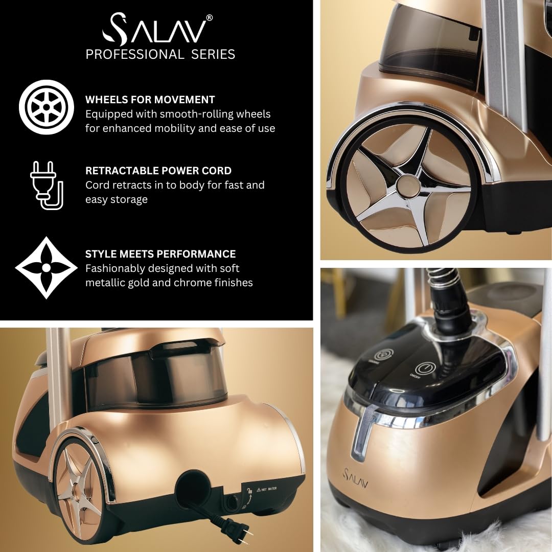 SALAV® Professional Standing Garment Steamer with Retractable Power Cord, Foot Pedal Control, Wheels for Easier Movement (Gold)