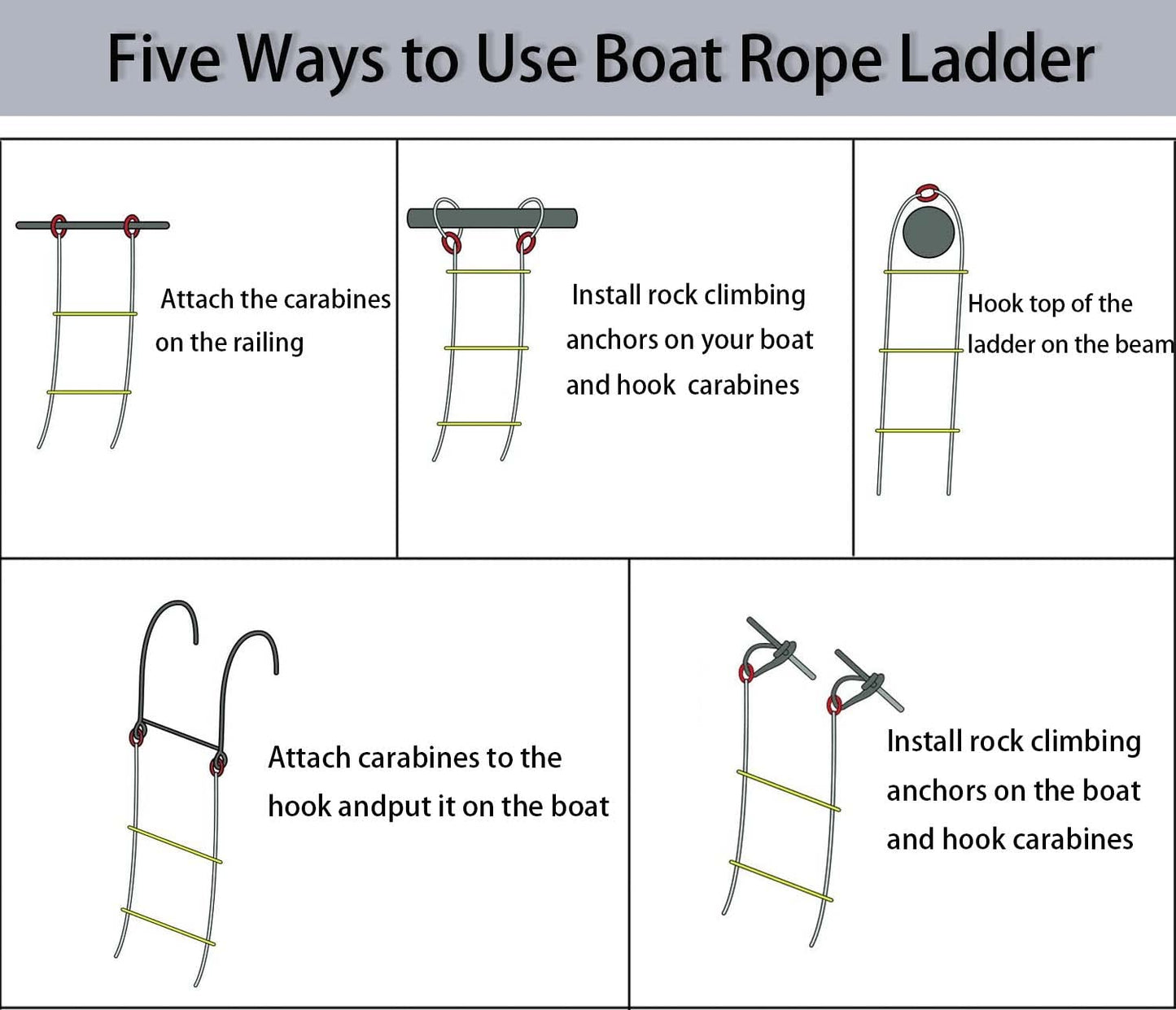Boat Rope Ladder, 5 Step Heavy Duty 400Lbs Strength Rope Ladder for Inflatable Boat, Fishing Boat, Kayak, Motorboat, Canoeing,