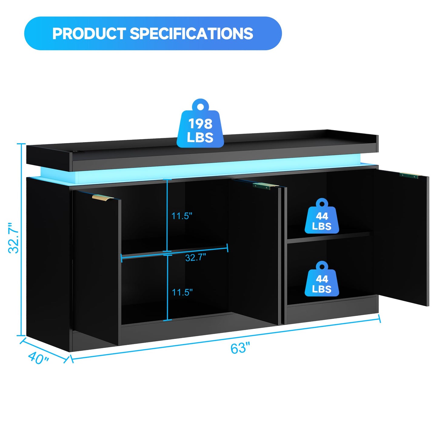 knoworld LED Sideboard Buffet Cabinet with Storage, 63'' Large Kitchen Buffet Cabinet Storage Cabinets with 4 Doors, Wood Coffee Bar Cabinets Buffet Table for Kitchen, Dining Room, Entryway
