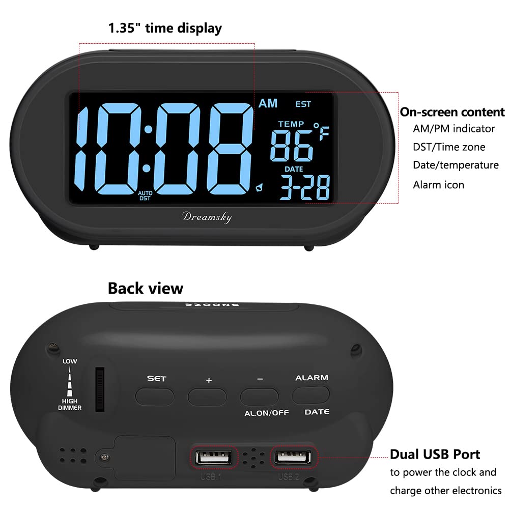 DreamSky Alarm Clocks for Bedrooms, Auto Set Digital Desk Clock for Bedside Nightstand, Electric Clock with Dimmable Brightness Dimmer, Auto DST, USB Port, Date, Temperature, Snooze